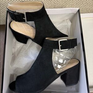 Nine West Open Toe Block Heel Black Suede Booties